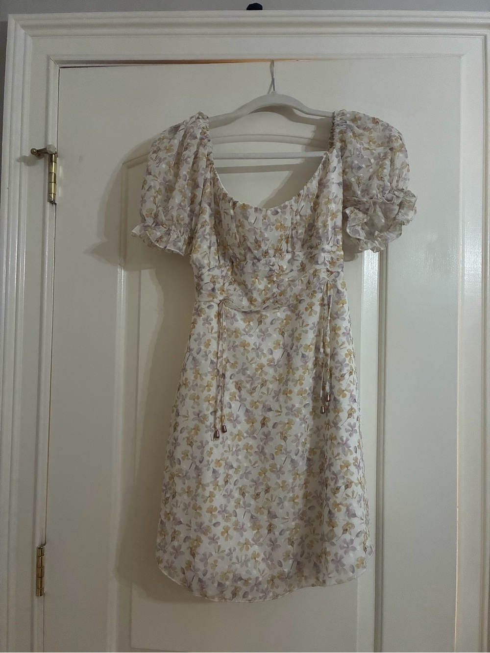 Simple Floral Puff-Sleeve Mini Dress - White, Yellow & Lavender